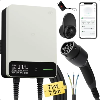 Image de dé Borne de Recharge Véhicules Électrique 7kW APP [7,5m, 6 32A, Monophasé] Wallbox avec Câble Type 2 5m, RFID, IP54 pour E 208 et Autres BEV/PHEV, Blanc