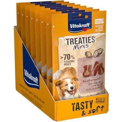 Image de Vitakraft Treaties Minis Friandise moelleuse pour chien au pâté de foie Forte teneur en viande une récompense d&#039;exception Recette sans céréales ni sucre ajouté Sachet refermable (8 x 48g)