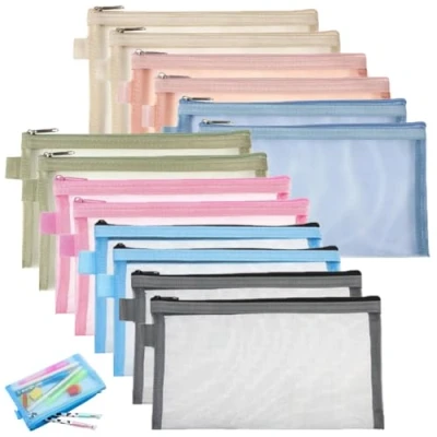 Image de SAIJIAN 14 Pièces Zip Mesh Pochettes Crayons Trousse Transparente Multipurpose Organizer Sacs pour Bureau Papeterie Fournitures
