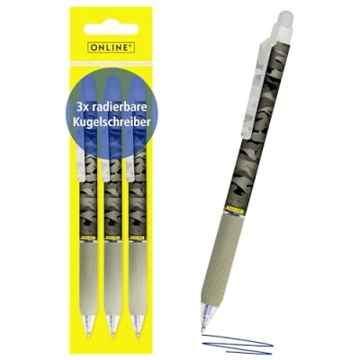 Image de Online 3x stylo roller gel effaçable Camouflage, à bille encre bleu magiXX Design, partie soft grip, rechargeable, ideal pour enfants et l&#039;école, pointe moyenne
