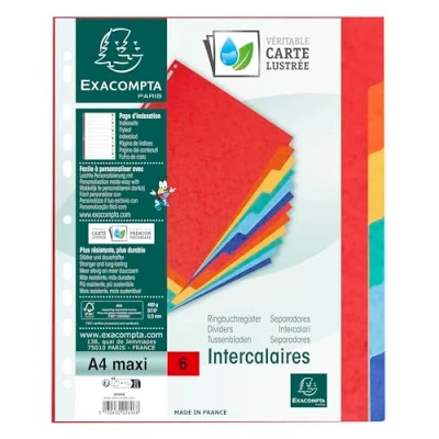 Image de Exacompta Réf. 2606E Intercalaires en véritable carte lustrée rigide 400g/m2 FSC® avec 6 onglets neutres Page d&#039;indexation fournie Format à classer A4 maxi Dimensions 24,5 x 29,7 cm