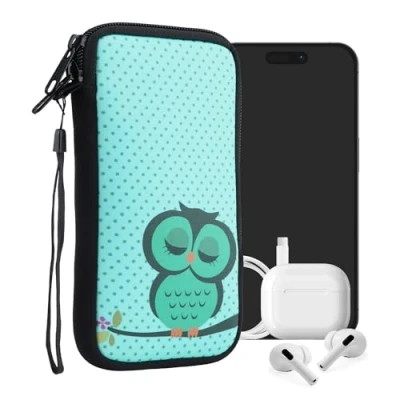 Image de kwmobile Housse de Protection pour Smartphone XL 6,7/6,8&quot; Sacoche Téléphone Portable en Néoprène Chouette endormie Turquoise Marron Menthe glaciale