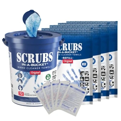 Image de SCRUBS in a bucket avec 4 recharges durables de 72 lingettes nettoyage pour les mains et 5 pièces Dewepro® SingleScrubs