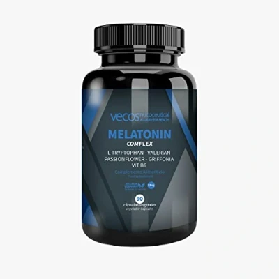 Image de Mélatonine 1,9 mg Vecos pour Retrouver le Sommeil Complément avec L Tryptophane, Valériane, Passiflore, Griffonia et Vitamine B6 90 gélules végétales 100% Vegan