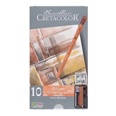 Image de CRETACOLOR Artino Drawing Set, set d&#039;esquisse de 10 pièces pour professionnels et débutants, équipement base le dessin, y compris essuie papier gomme à tracer, enduction douce saturée