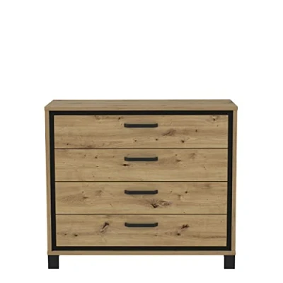 Image de Forte Trondheim Commode à 4 tiroirs en Bois Artisanal/Panneau, 104,7 x 81,3 41,5 cm, d&#039;ingénierie Métal Plastique, Chêne Artisan/chêne Noir, cm