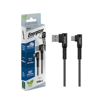 Image de Energizer Câble USB C Coudé à 90 Extra long (2 m) En Nylon Tressé Idéal pour les Gamers Noir