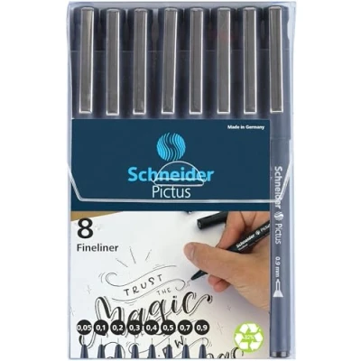 Image de Schneider Pictus Fineliner (8 épaisseurs de trait différentes : 0,05 0,9 mm) noir, étui 8 pièces