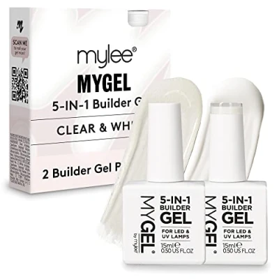 Image de Mylee Duo de Gel Builder Renforcement 5 en 1 2x15ml Transparent &amp; Blanc Vernis à Ongles UV/LED, forts et résistants, Capsules Extensions, Nail Art, Décalcomanies Bijoux