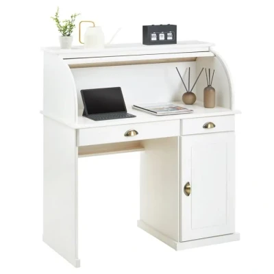 Image de IDIMEX Bureau secrétaire Tom avec volet Roulant Rangement 2 tiroirs et 1 Porte étagère, en pin Massif lasuré Blanc