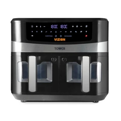 Image de Tower T17100 Vortx Vizion Air Fryer Friteuse à Double Compartiment 9 L avec Panneau de Commande Numérique et 10 Préréglages une Touche, Noir