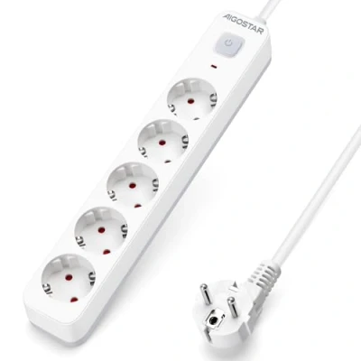 Image de Aigostar Multiprises 5 Prises Extension d&#039;alimentation de 3 Mètre Câble et Interrupteur Sécurité Enfant, Blanc, Prise Type Allemand