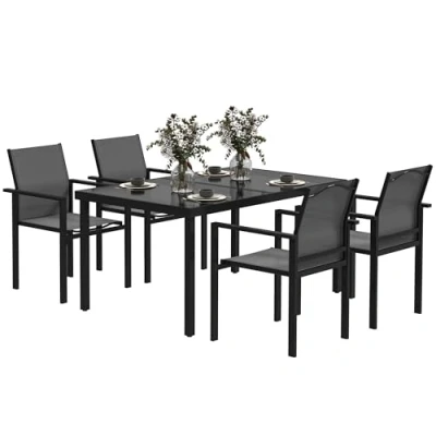Image de Table de jardin extérieure avec 4 chaises empilables Outsunny plateau en verre trempé 140 cm trou parasol 54 mm noir
