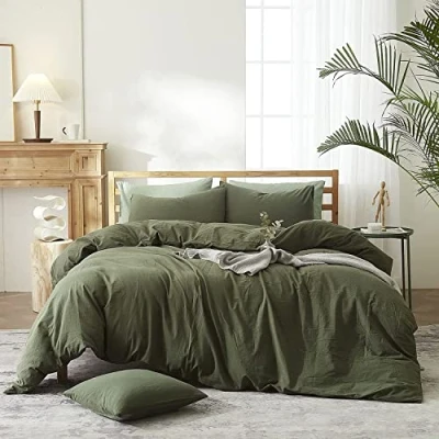 Image de Sedefen Housse de Couette 220 x 240 cm Vert Olive Coton lavé Couleur Unie Parure Lit 2 Personnes avec Fermeture Éclair Aspect ridée Naturel Taie d&#039;oreiller 65x65