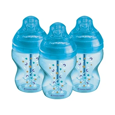 Image de Tommee Tippee Lot de 3 biberons anti coliques avancés, 260 ml, tétine à débit lent pour un loquet naturel, baguette colique triple ventilation, bleu