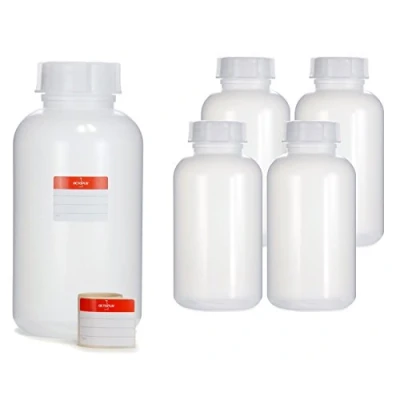 Image de Octopus Lot de 5 bouteilles vides 2000 ml à col large en polyéthylène basse densité avec bouchon vis, 2 litres pour produits chimiques, laboratoire