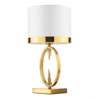 Image de lampe de table moderne, légère et luxueuse, chevet E27 pour le salon, abat jour en tissu blanc table, avec base métal doré, lecture chambre 49 x 25