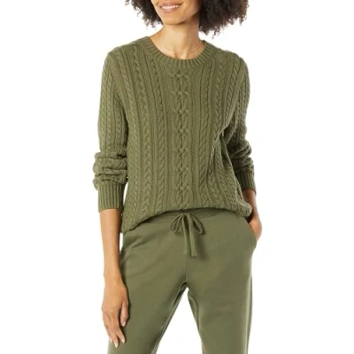 Image de Amazon Essentials Pull en Tricot Torsadé À Col Rond Et Manches Longues (Disponible Grande Taille) Femme, Vert Olive, XL