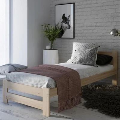 Image de lit en bois 100 x 200 cm avec sommier à lattes, moderne, cadre de pin massif, classique, confortable et durable, style scandinave, bohème, maison campagne, tête moyenne, naturel