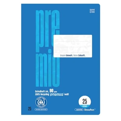 Image de Staufen premio Cahier d&#039;école 4 cahiers de 16 feuilles chacun, format A4, linéature 25 (ligné avec marge), papier recyclé 90 g/m², coins arrondis pour éviter les « oreilles d&#039;âne »