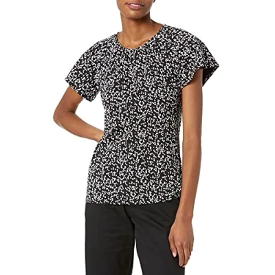 Image de Amazon Essentials T Shirt Ras Du Cou Ouvert Coupe Classique à Manches Effet Cape Femme, Noir Blanc Impriméanimaux, M