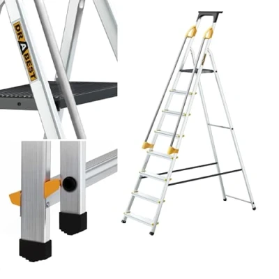 Image de Drabest ÉCHELLES SÉRIES Pro Escabeau Ménager 8 Marches en Aluminium avec Mains Courantes 150 KG Echelles Multifonctions Pliant 52X239X12 Cm