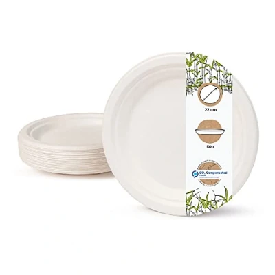 Image de BIOZOYG Vaisselle à base bagasse I 50 pièces d&#039;assiettes du canne de sucre blanche ronds décolorée 22 cm Bio jetable vaisselle, menu plats et fête assiette