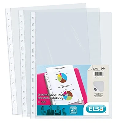 Image de Elba, Lot de 100 pochettes en plastique transparent A4 multi perceuses polypropylène 70 μ