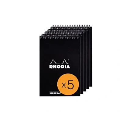 Image de RHODIA 165039Cpack Bloc Notes à Spirale (Reliure Intégrale) Noir A5 Pointillés Dot 80 Feuilles Détachables Papier Clairefontaine g/m² Couverture en Carte Enduite Paquet de 5 blocs