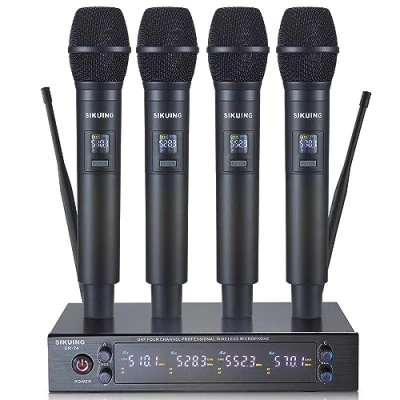 Image de SIKUING Système de Microphone sans Fil UHF à 4 canaux avec Microphones Main Fil, x 50 fréquences réglables, idéal pour Les réunions karaoké, l&#039;église, Une portée 300 m