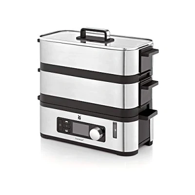 Image de WMF KITCHENminis Cuiseur Vapeur Electrique Ultracompact Design Elegant Inox Cromargan Haute Qualité 2,15L Sans BPA 2 Compartiments Cuisson Programmes Légumes Riz Poisson 900W 0415090011