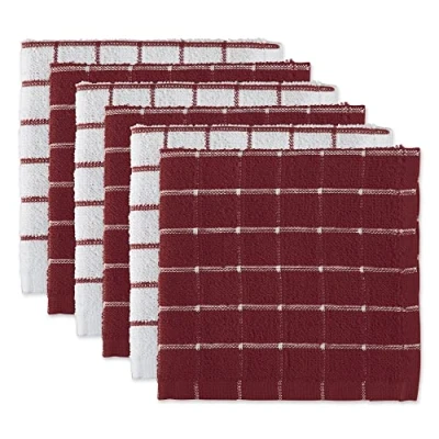 Image de DII Lot de 6 torchons Cuisine 100% Coton, lavables en Machine, Ultra absorbants, 30,5 x cm, Motif Carreaux, vin