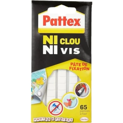 Image de Pattex Ni Clou Vis pâte de fixation, pastilles adhésives repositionnables blanches faciles à enlever, collante pré découpée pour papier, poster, décoration légère 65