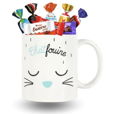 Image de Mug ChatFouine garni d&#039;un Assortiment de 20 Chocolats CELEBRATIONS, MILKA, DAIM et KINDER COFFRET CADEAU ORIGINAL pour la FETE DES MERES, NOEL, un ANNIVERSAIRE