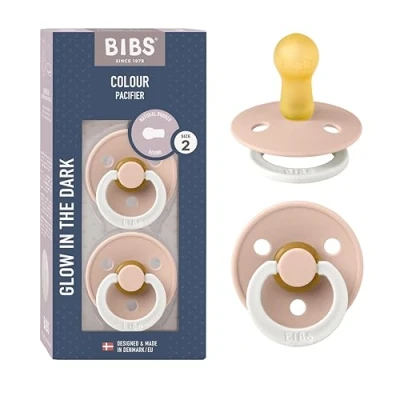 Image de Tétine BIBS Colour Glow. Lot de 2 sucettes. Brillent dans le noir. Sans bisphénol A, Téterelle ronde. Latex caoutchouc naturel, Fabriqué au Danemark, Taille (6 18 mois), Blush Glow