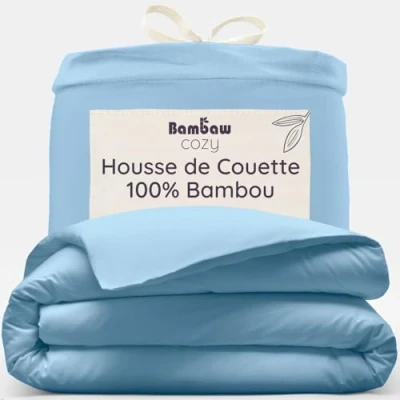 Image de Bambaw Housse de Couette 155x220 cm, Draps Lit 100% Bambou, Douce, Rafraichissante et 1 Personne Bleu Clair