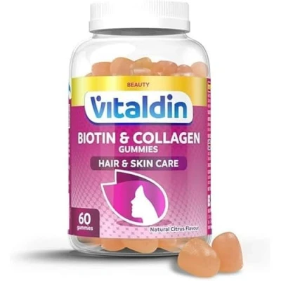 Image de VITALDIN Biotine &amp; Collagène Gummies Beauté Complément 2.500 mcg Biotine, Vitamines C et E 60 Gommes (pour 1 mois), Saveur d&#039;agrumes Aide à Maintenir les Cheveux la Peau Sans Gluten