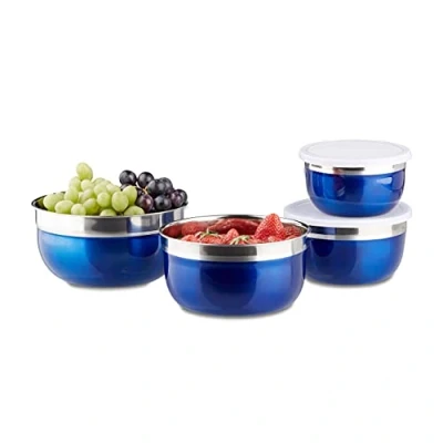 Image de Relaxdays 10020833 Bol mélangeur avec couvercle lot de 4 saladiers en inox plusieurs tailles HxlxP: 9 x 18,4 cm, bleu