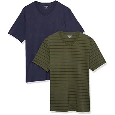 Image de Amazon Essentials T shirt à manches courtes et col en V, coupe classique (grandes tailles disponibles) Homme, Lot de 2, Bleu Marine/Rayures/Vert Olive, L