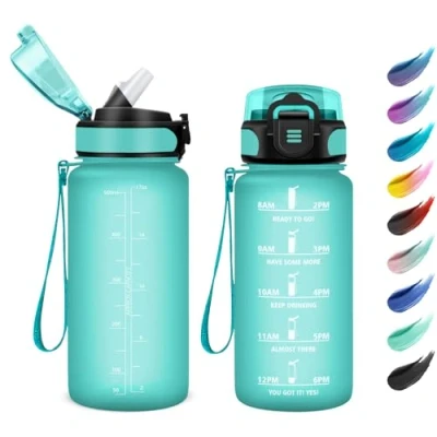 Image de Bouteille 500ml, Gourde Enfant, avec Paille, Marqueur de Temps, Motivation, d&#039;eau Étanche, Reutilisable pour l&#039;École, Bureau, Randonnée, Camping