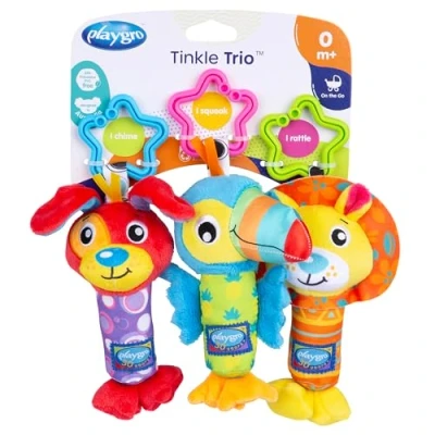 Image de Playgro Trio d&#039;Animaux de Jeu pour les Sorties, Avec Couinement, Hochet et Clochette, Dès 0 Mois, Multicolore, 40193
