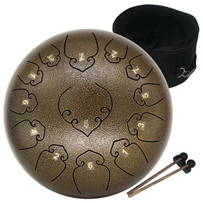 Image de Amkoskr 12 Pouces 30 cm Tambour de Langue en Acier à Clé C 13 Tons Main Instrument Percussion avec Maillets Tambour/Sac Transport (Coffee)