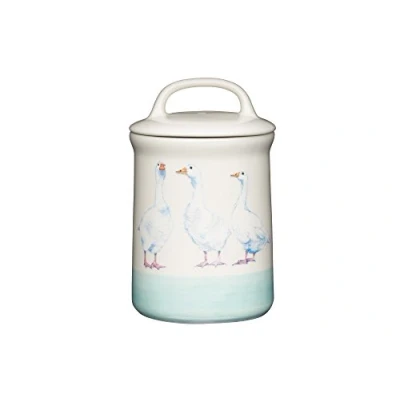 Image de Apple Farm Pot de Rangement en Grès, Finition à la Main, Illustrations d&#039;Oies, 10.5 x 17.5 cm Couleur Beige et Vert