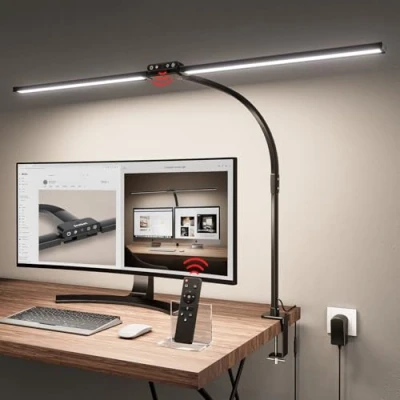 Image de Jeebel Lampe de Bureau LED Puissante 24W 80cm Table à Double Tête avec Télécommande, Pince 9,5cm, Réglable 360, 10 Modes Couleur, Luminosité, 1800LM Lumière Col Cygne Flexible