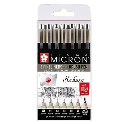 Image de PIGMA MICRON Sakura ESPACEBEAUXARTS Manga Set Noir 7 Toutes Les Plumes 005,01,02,03,05,08, Brush