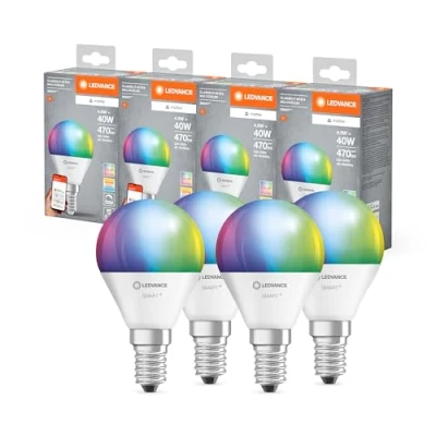 Image de LEDVANCE SMART+ Matter LED lampe, compatible avec Google, Alexa, Apple, White Frost Optics, 4.9W, 470LM, E14, Couleur Lumière et blanche, Vocal Control, jusqu&#039;à 20 000 HRs, 4 Pack