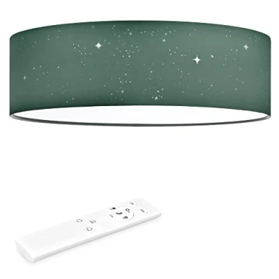 Image de Navaris Plafonnier LED 22W Rond 40cm Ø Design Tissu Vert Foncé Effet Etoilé Lumière Variable avec Changement de Température Couleur et Télécommande
