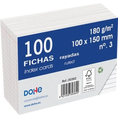 Image de Dohe Lot de 100 fiches lignées en carton Cartes pour écrire des notes, format A6 (15 x 10 cm), 180 g/m², n 3, fournitures bureau Blanc