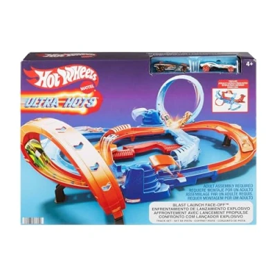 Image de Hot Wheels Coffret Ultra Hots Explosion Propulsion Duel avec 2 véhicules à l’échelle 1/64, course et cascades au coude coude, lanceurs actionnés par l’enfant, HXR71