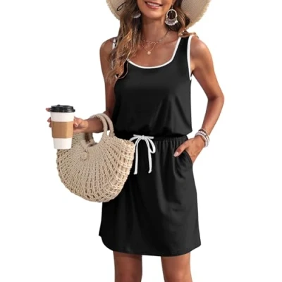 Image de WNEEDU Robe d&#039;été sans Manches pour Femmes Robes de Plage à col en U avec Cordon Serrage et Poches Noir Blanc L